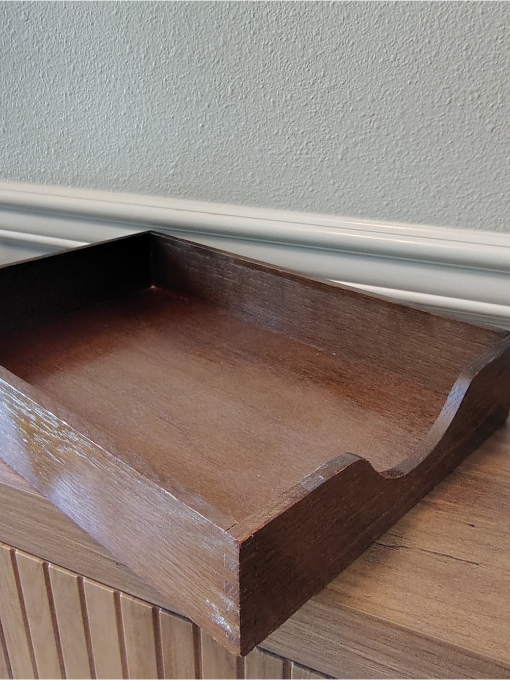 Vtg Wood Desktop Letter & Paper Tray Organizer Dovetail Felt Bottom Brown